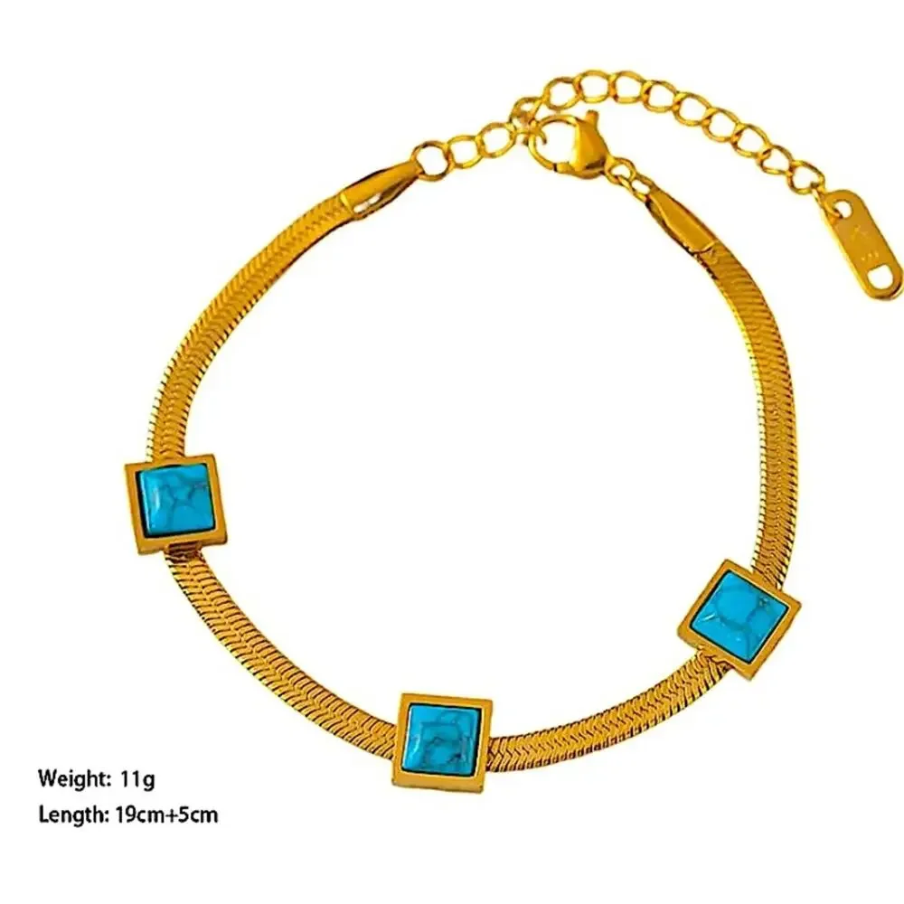 Gold Turquoise Pendant Matching Bracelet Set Herringbone 18K Gold Plated